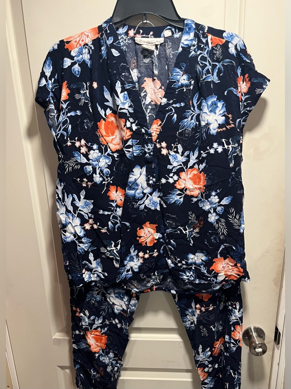 Women’s Navy Floral Pajama Set - Short Sleeve Top & Pants